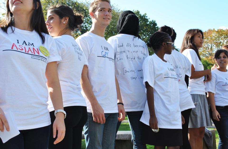 A group of students, the majority of whom are involved in Harvard's Sustained Dialogue, gather in front of the Science Center on Thursday for the De-Stereotype Me Day 2011 Rally.