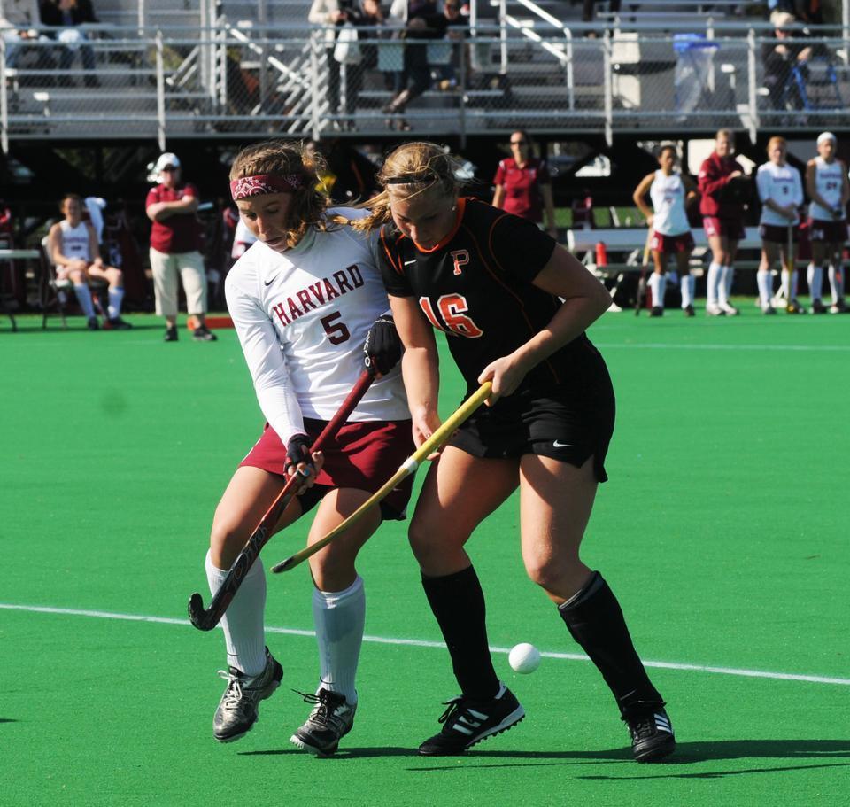 Freshman Noel Painter battles a Princeton for the ball during Saturday’s matchup at Jordan Field. The rookie scored the Crimson’s lone tally of the contest after Princeton scored four to seal the victory. 