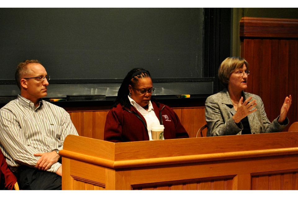 Dean of the Faculty of Arts and Sciences Michael D. Smith, Dean of the College Evelynn M. Hammonds, and University President Drew G. Faust discuss social "common spaces" and secondary fields in Sever Hall on Sunday night, in an open panel discussion led by the Undergraduate Council. 