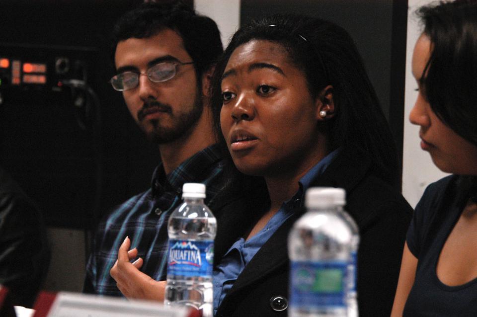During Outsiders Allowed, a conversation sponsored by The Harvard Foundation for Intercultural and Race Relations, Linda Ugbah ’12 talks about the way Kuumba tries to make everyone feel comfortable in the society.