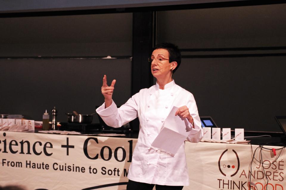 Spanish chef Carme Ruscalleda discusses caramelization techniques used in her restaurant, Sant Pau, during the Science of Cooking lecture on Monday evening in the Science Center.