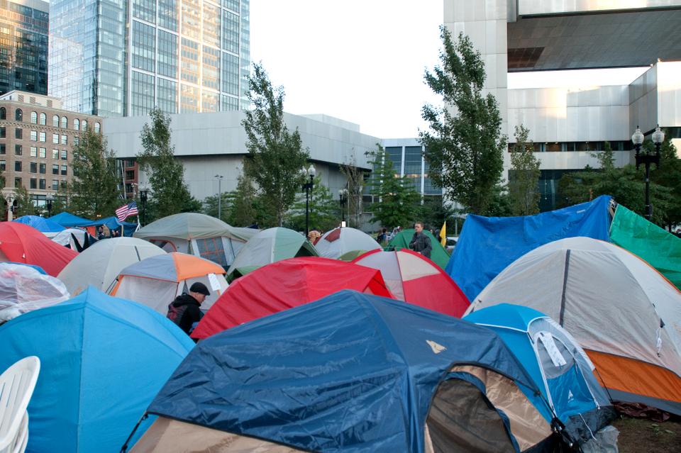 Tents fill Dewey Square Park, in Boston’s financial district as people participate in the Occupy Boston protests.