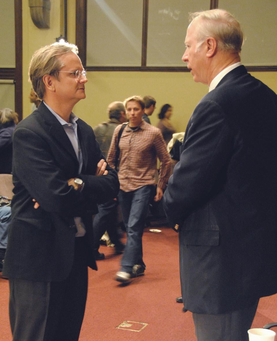 Following yesterday’s discussion about Professor Lawrence Lessig’s new book, the author (left) converses with Professor David Gergen (right),  Director of the Harvard Kennedy School’s Center for Public Leadership.