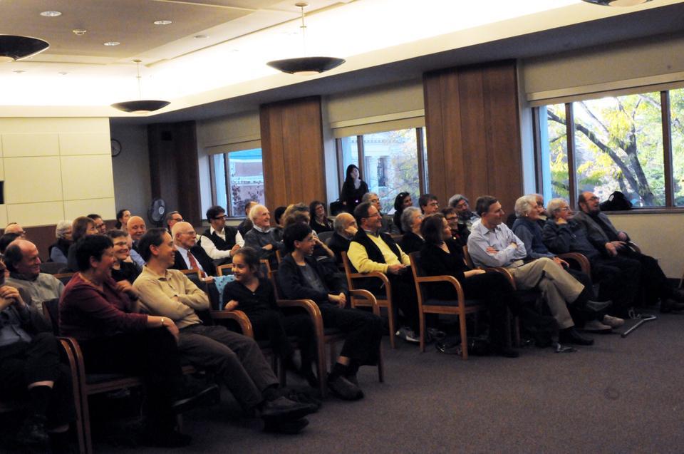 Jordan Finkin brings laughter to the Forum Room in Lamont Library where the Jacob Pat Memorial Lecture was held on Wednesday afternoon. Finkin spoke about the nature of Yiddish jokes and Jewish Humor.