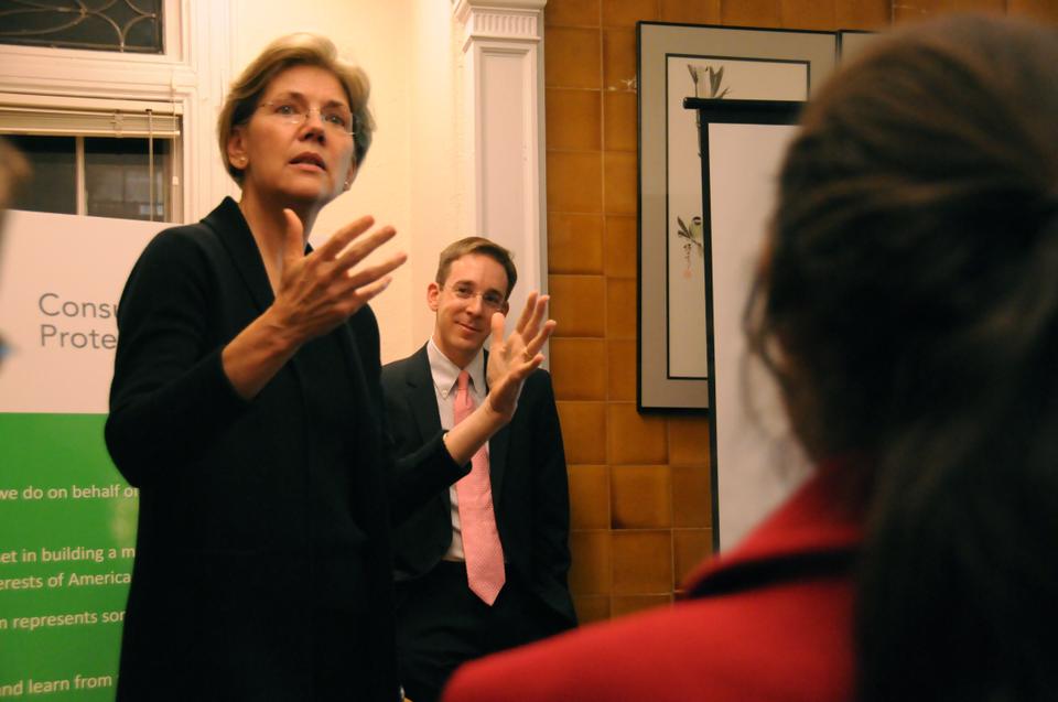 Elizabeth Warren talks about the innovative nature of the Consumer Financial Protection Bureau to an audience at OCS yesterday. 