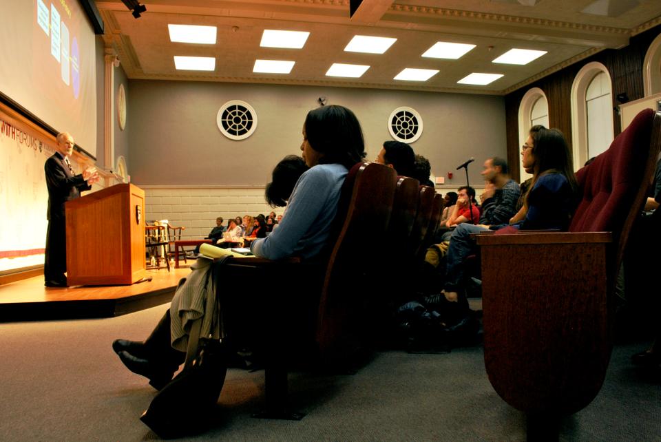 Richard Murmane, Professor of Education at the Graduate School of Education, discusses the rising inequality in children's education and his new volume about this growing trend in Longfellow Hall yesterday evening.
