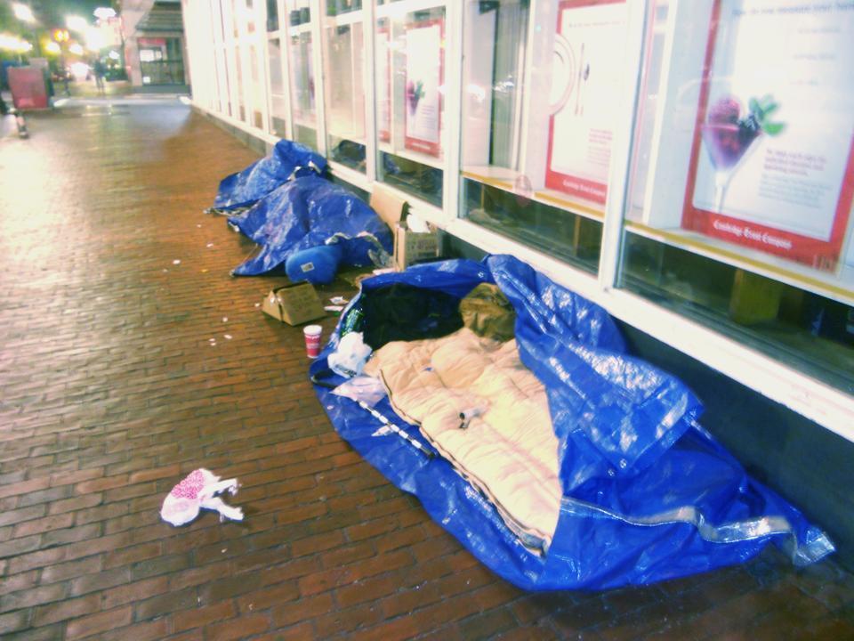 Justin Newton took this photo of his camp in front of the Holyok Center. At night he moves all of his belonging into his tarp and bed.