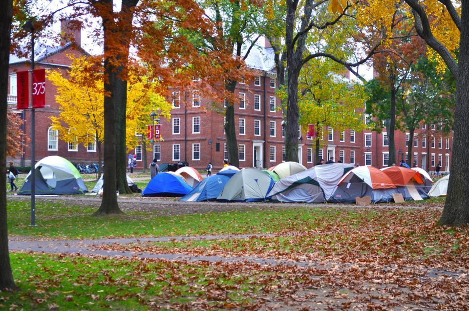 There is an eerie silence around the colorful tents and fall leaves at the Occupy Harvard movement in Harvard Yard on Thursday morning.