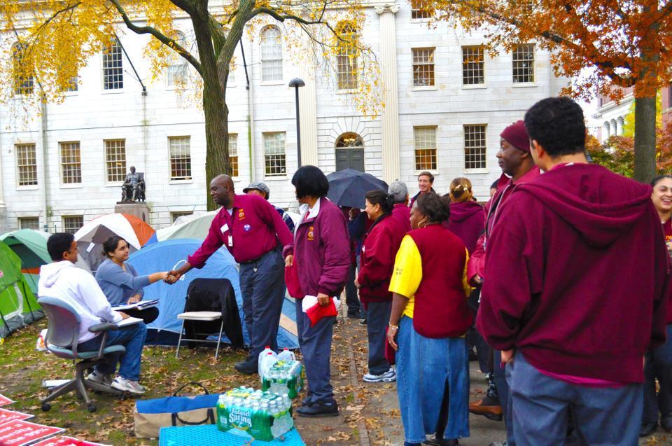 Harvard employees come to Occupy Harvard to say a quick hello and thank you to the Occupy Harvard protesters. 
