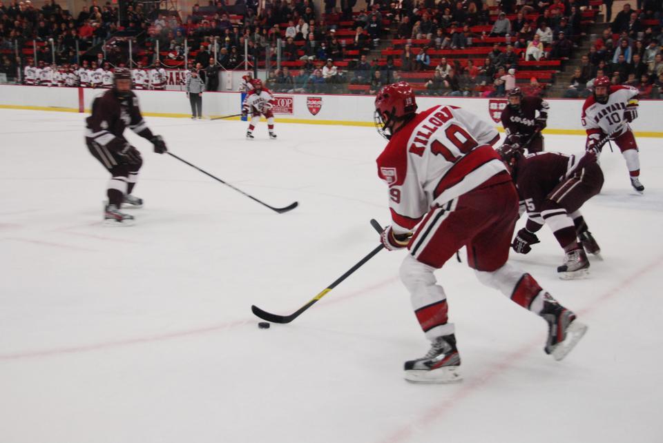 Senior forward Alex Killorn bounced back from his ejection the previous night against Cornell with a score in the second period in Saturday’s contest with Colgate. The senior’s tally gave the Crimson its first lead of the season, and rookie Colin Blackwell’s third-period score ensured the win. 