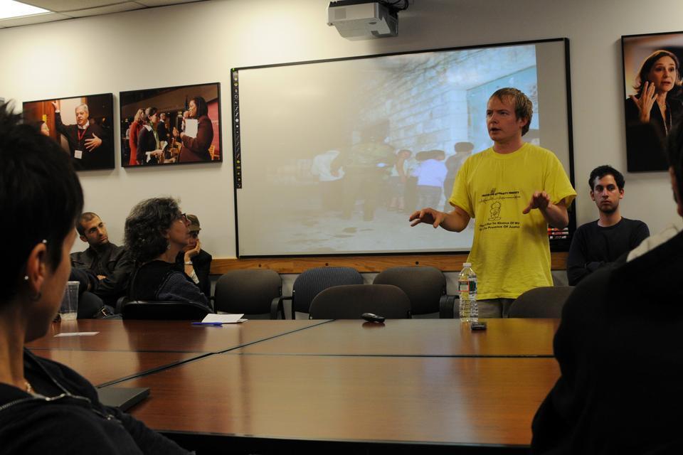 A speaker discusses justice and equality for both Israeli and Palestinian peoples during "Boycott from Within: Israeli & American Voices Against Apartheid," held in the Taubman Building of the Harvard Kennedy School yesterday.