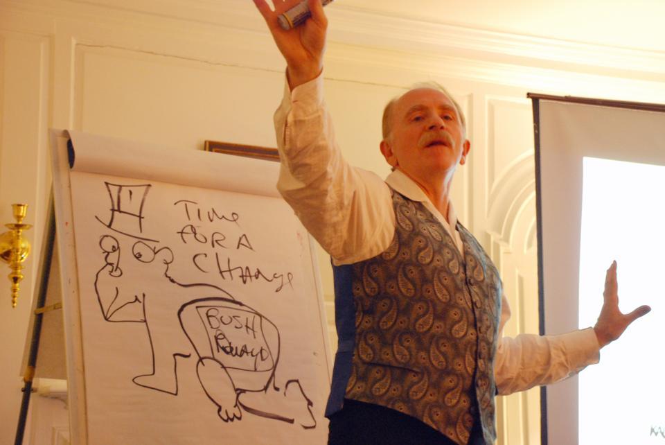 Award-winning editorial cartoonist Kevin Kallaugher '77 demonstrates how he captures diverse political landscapes with the humor and satire of caricature. 