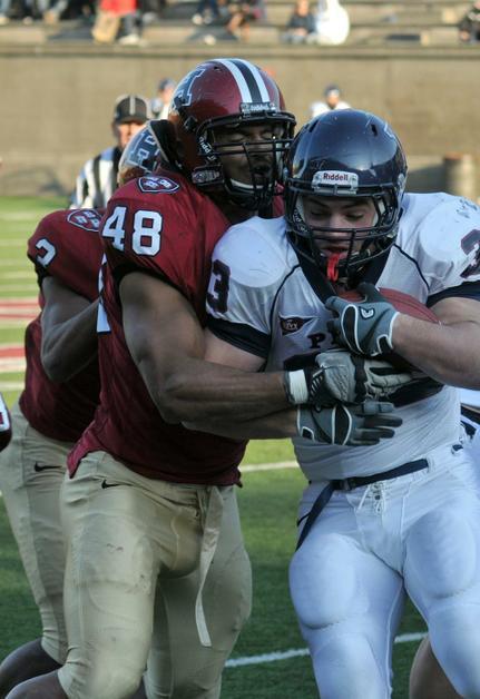 Senior defensive tackle Josue Ortiz recorded 10 tackles, two sacks, a forced fumble, and a fumble recovery in Harvard’s 37-20 win over Penn Saturday. The victory gave the Crimson its first Ivy title since 2008.
