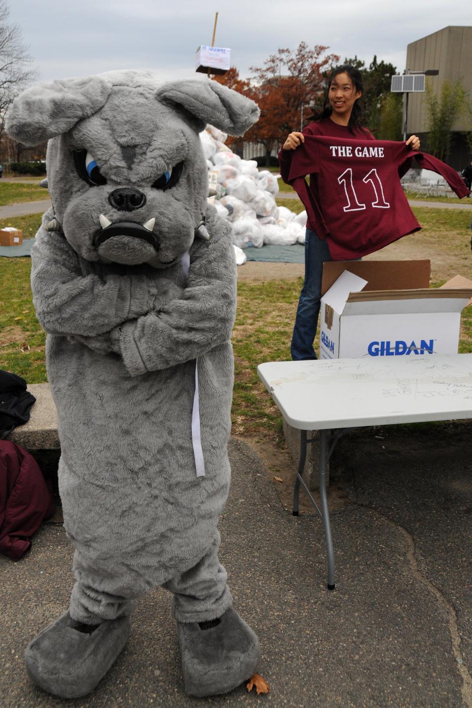 Knowing yet another Yale loss is imminent, the Yale bulldog sulks in front of the Science Center as various student groups sell t-shirts in preparation for the 128th meeting of the Harvard-Yale football teams this Saturday.