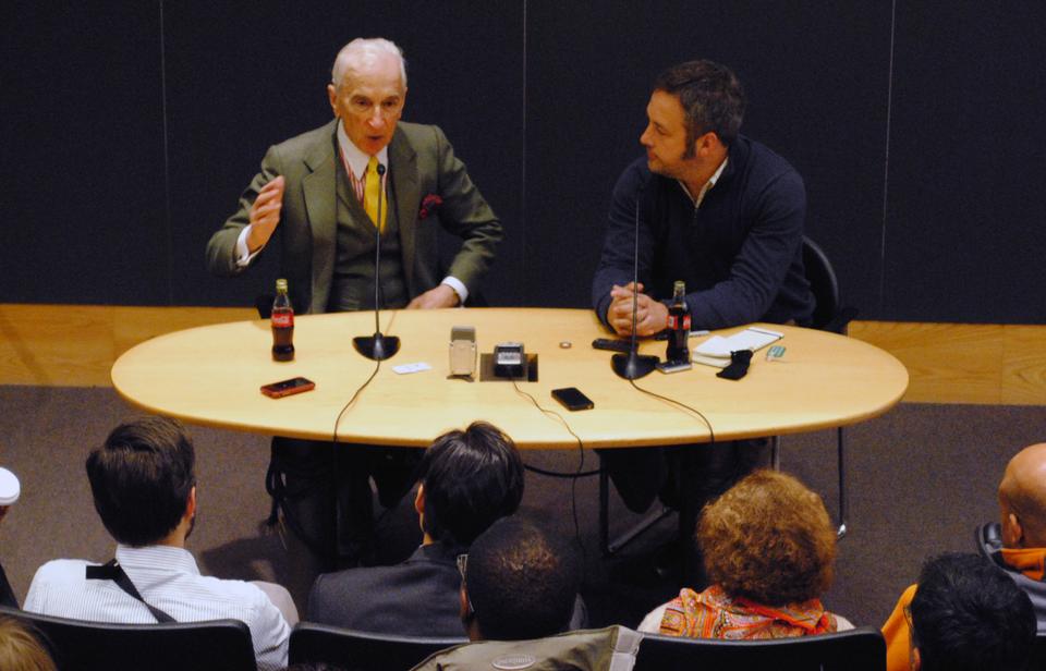 Literary icon Gay Talese, left, and Chris Jones, right, writer-at-large for Esquire magazine, lead a discussion on writing narrative journalism Friday in the Fong Auditorium.