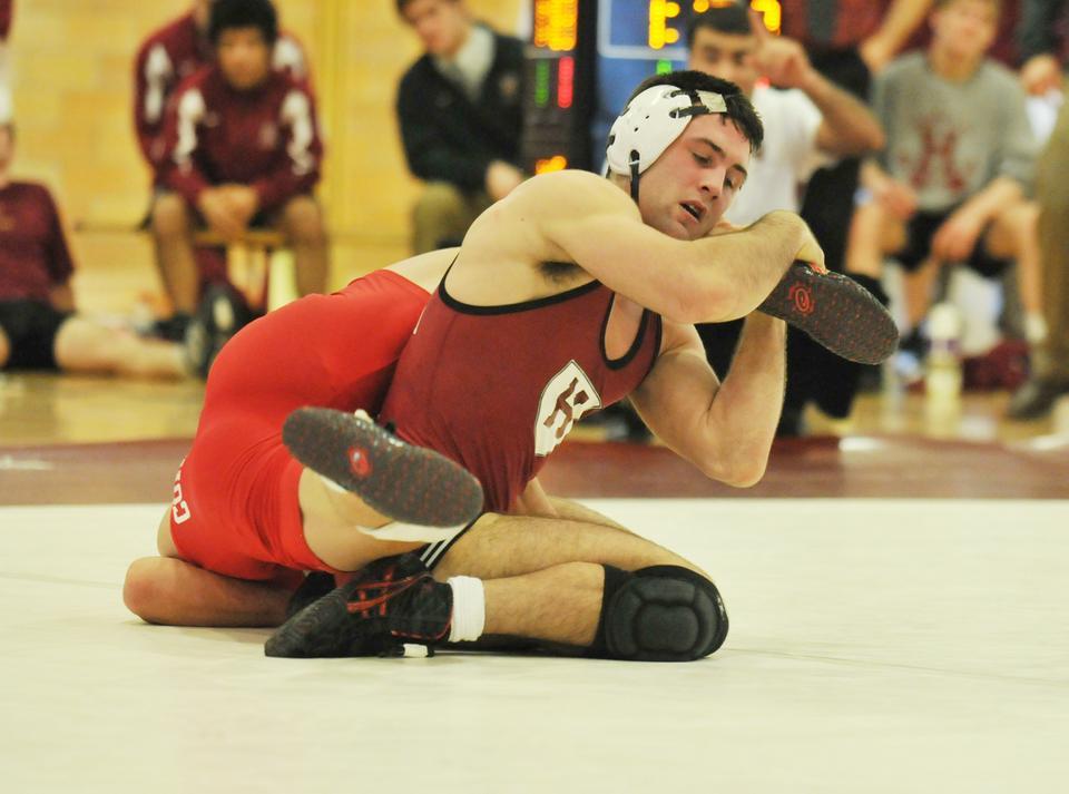 Shown here in earlier action, junior Walter Peppelman took three consecutive matches to emerge the champion of the 157-pound weight class on Sunday at the Keystone Classic in Philadelphia, Penn. The co-captain defeated foes from VMI, Appalachian State, and Princeton en route to the title.