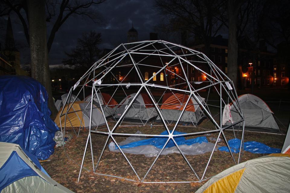 A geodesic dome stands at the center of the Occupy Harvard camp. While protesters are uncertain to what use they will put the dome, which was donated by supporters at MIT, they intend to cover and winterize the dome and use it as a semi-permanent structure.
