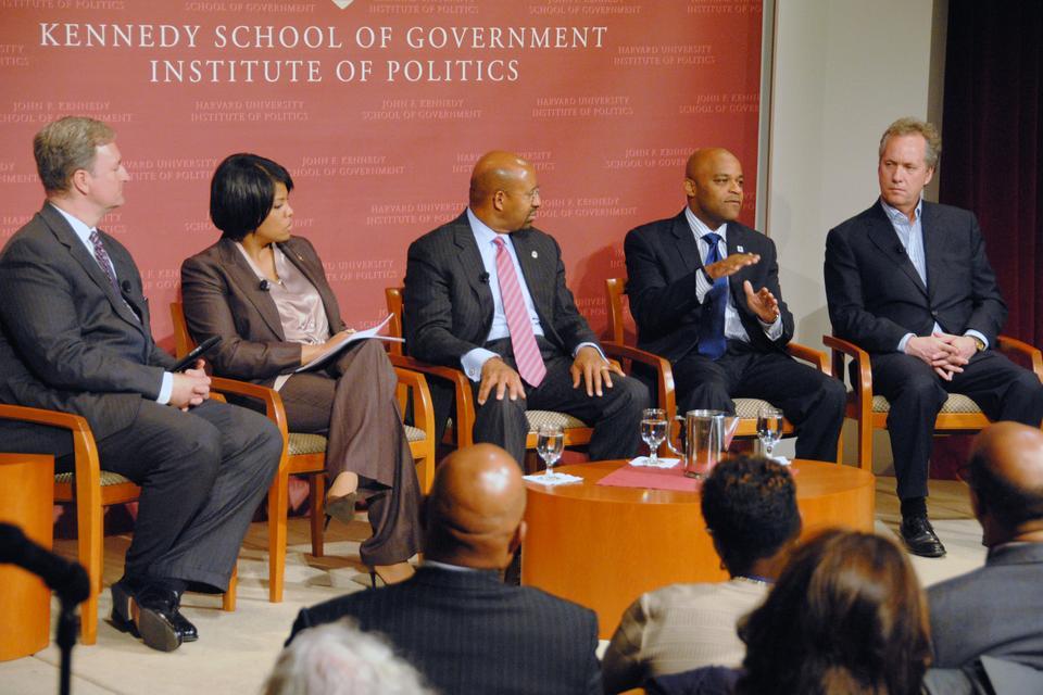 IOP Director Charles M. Grayson '94, left, moderates a panel discussion with some of the United State's most prominent mayors. The group discussed issues that are currently affecting the cities which they lead.