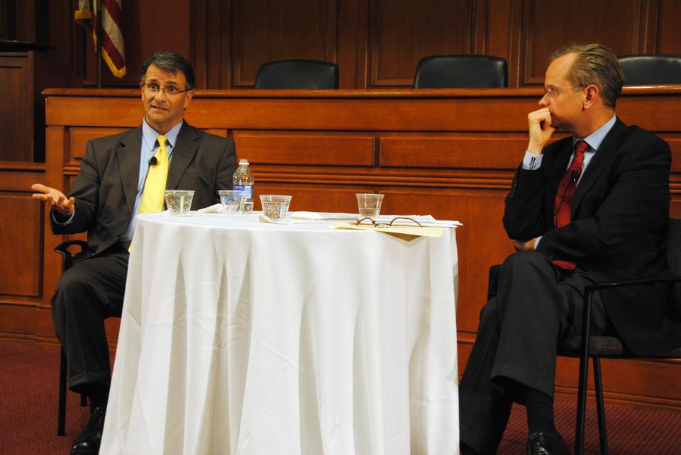 Professor Lawrence Lessig, right, discusses institutional corruption with former lobbyist Jack Abramoff at the launch of an occasional series called "In the Dock", which will interview those who have been found guilty of unethical practices.  The event is sponsored by the Edmond J. Safra Center for Ethics.