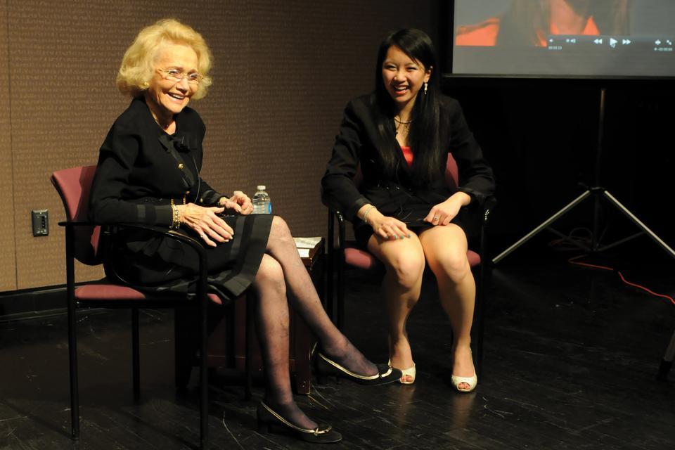 Agnes Nixon, Emmy Award-winning writer and producer of “One Life to Live” and “All My Children,” shares stories with moderator Sanyee Yuan ‘12 during “A Conversation With Agnes Nixon” at Farkas Hall yesterday afternoon.