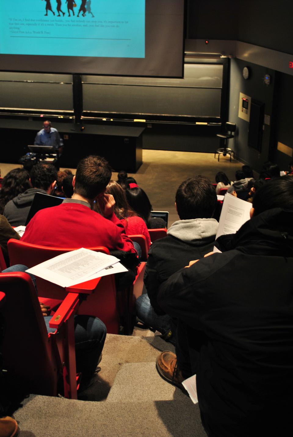 Stat 104 on the first day of shopping week in Jan. 2012, with interested students filling Science Center C on Monday afternoon. 