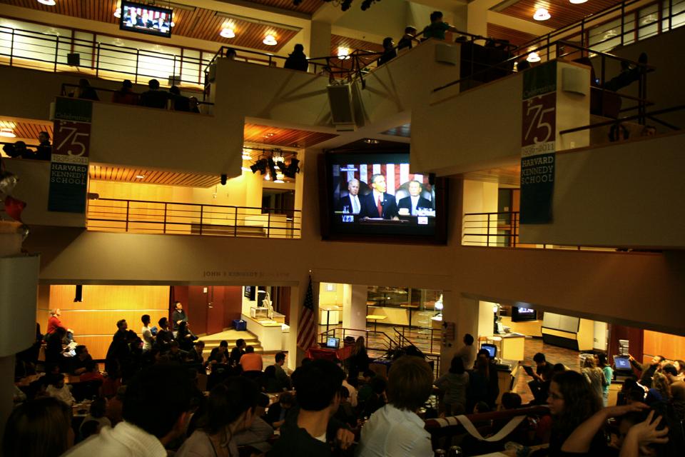 Hundreds of students from across Harvard University gather at the Institute of Politics to watch, applaud, and comment on President Obama's State of the Union Address Tuesday.