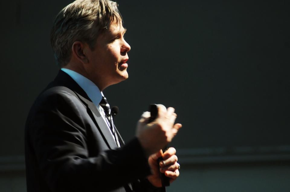 Thomas Kane, Professor of Education and Economy at HGSE, voices his concerns with the current education system in his lecture, "Measuring Effective Teaching," on Wednesday evening in the entirely full-capacity Longfellow Hall.