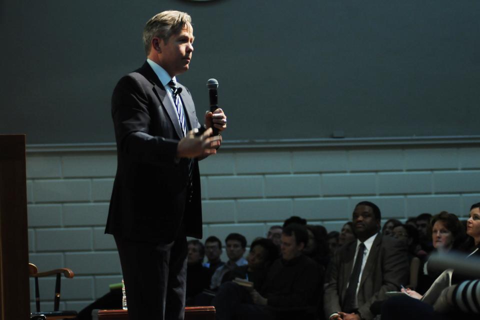 Thomas Kane, Professor of Education and Economy at HGSE, voices his concerns with the current education system in his lecture, "Measuring Effective Teaching," on Wednesday evening in the entirely full-capacity Longfellow Hall.