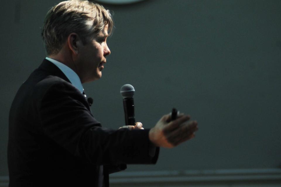 Thomas Kane, Professor of Education and Economy at HGSE, voices his concerns with the current education system in his lecture, "Measuring Effective Teaching," on Wednesday evening in the entirely full-capacity Longfellow Hall.