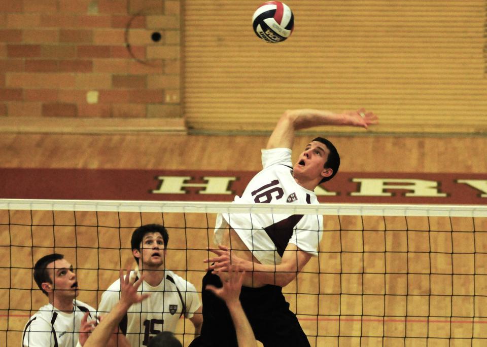 Shown here in an earlier contest, sophomore opposite hitter Nick Madden tallied a team-leading 12 kills and earned a hitting percentage of .526. Harvard rode strong performances from a host of underclassmen—as well as co-captain Matt Jones—to the 3-0 victory on Friday at Rivier.