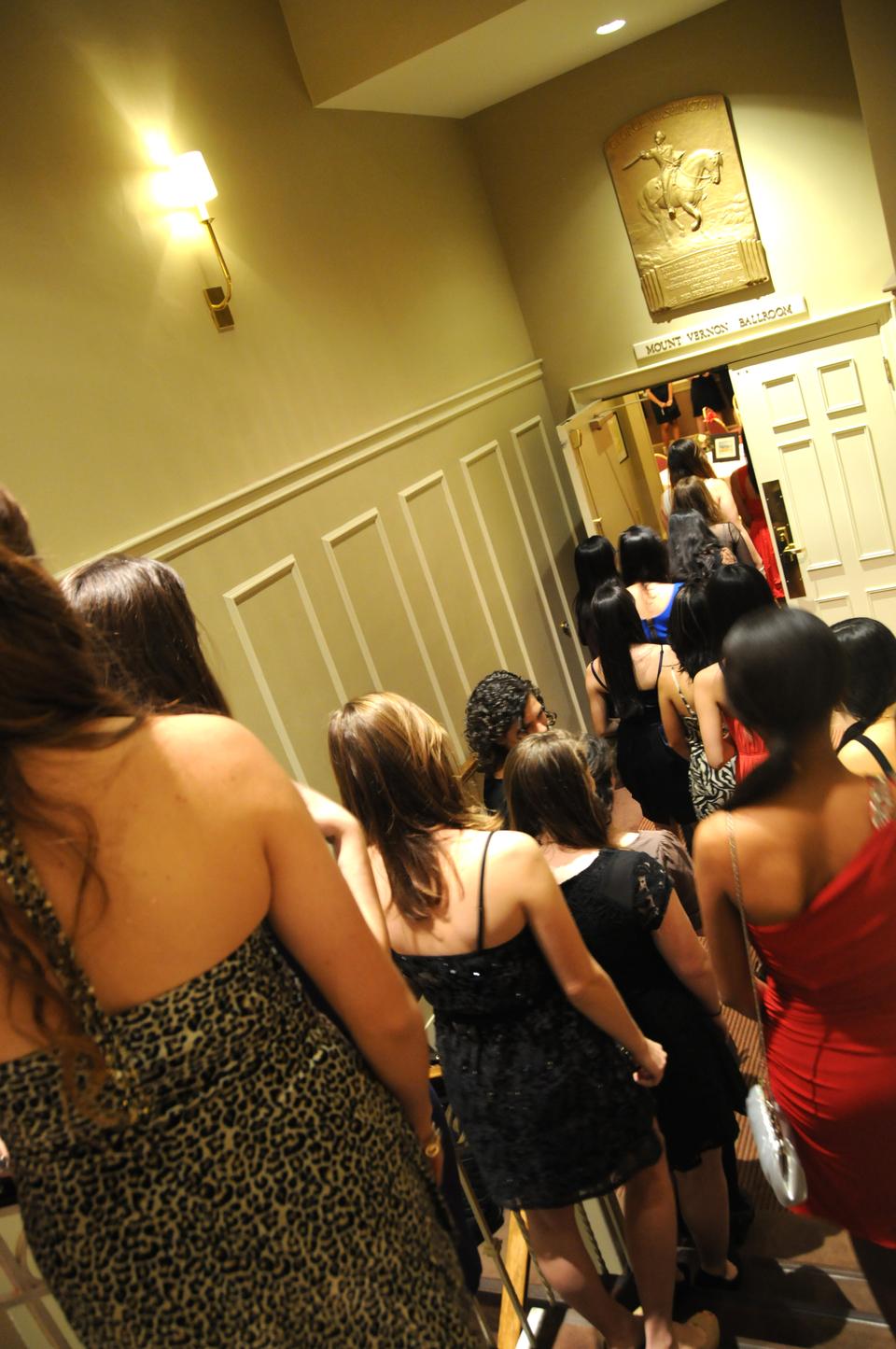 Female Harvard students wait in line at the Sheraton Commander Hotel to meet with members of the three sororities on campus, Delta Gamma, Kappa Alpha Theta, and Kappa Kappa Gamma during rush week.
