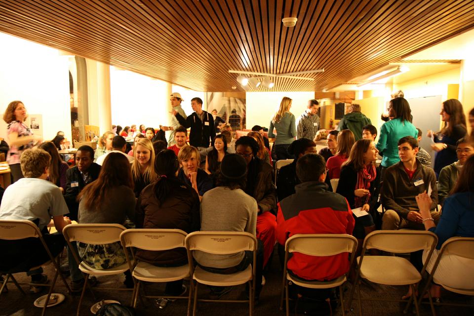 Just in time for Valentine's Day, freshmen students gather in Ticknor Lounge for "Sex, Love, & Harvard," a speed-dating event that promotes healthy relationships and helps students meet new people.