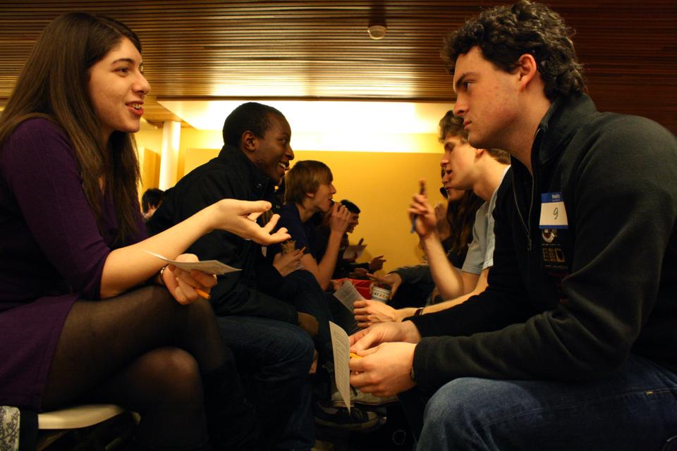 Two freshmen share a joke during their rather quick date at the annual "Sex, Love, and Harvard" Speed Dating event on Thursday evening.