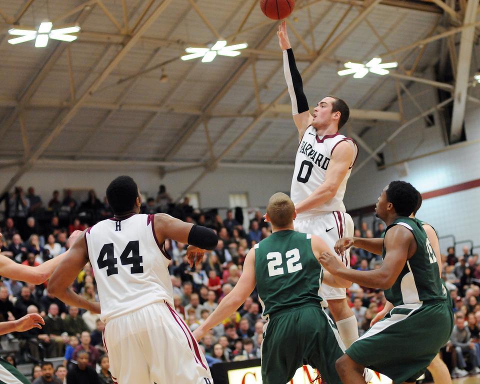 Sophomore Laurent Rivard, shown here in an earlier contest, led the Crimson with 16 points in the 71-60 win over Cornell Friday night.