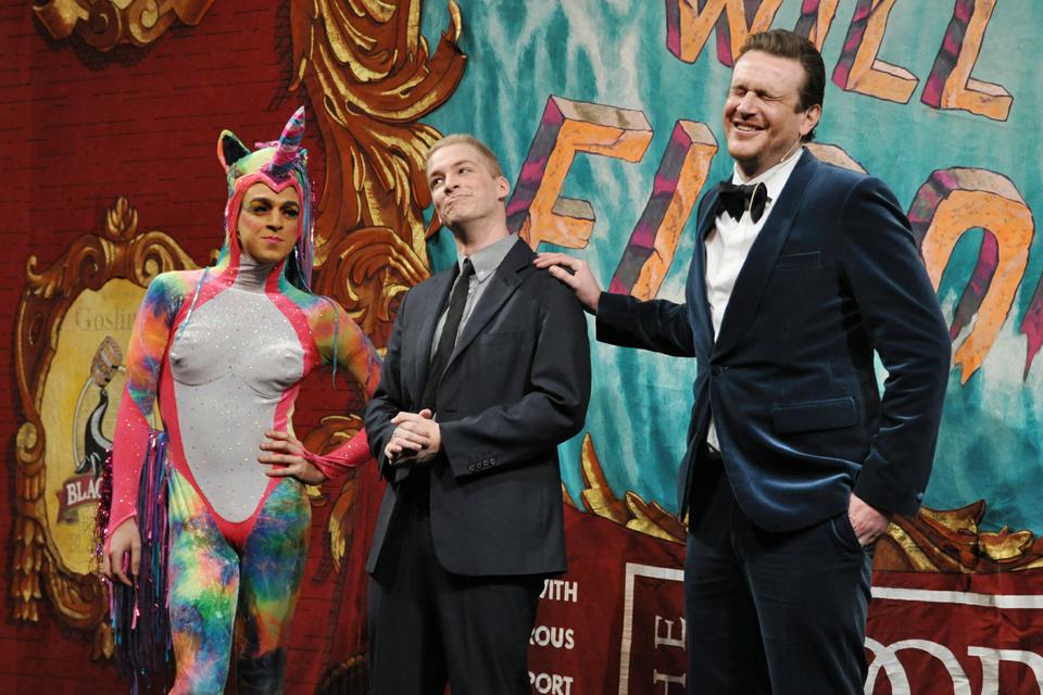 Jason Segel cracks up at a joke made by members of the Hasty Pudding Theatricals masquerading as Neil Patrick Harris and his unicorn.
