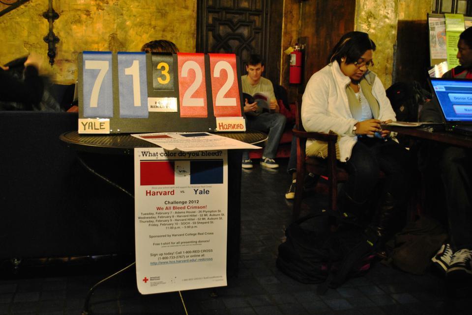 The Red Cross blood drive, held in Adams House on Tuesday, will continue until Friday in various locations across campus. Here, the scoreboard displays Yale beating Harvard in the 2012 Challenge.