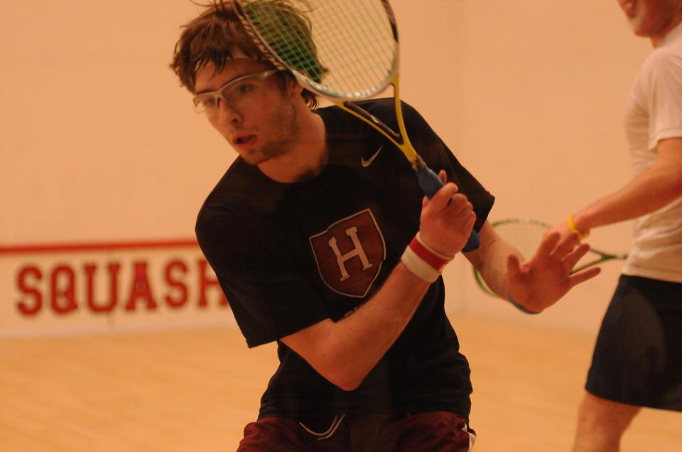 Sophomore Gary Power, shown here in a previous action, outclassed Brown’s William Bryan, dropping just four points in the three-set victory. Eight of the nine Harvard players swept their Bears counterparts in the 9-0 win.