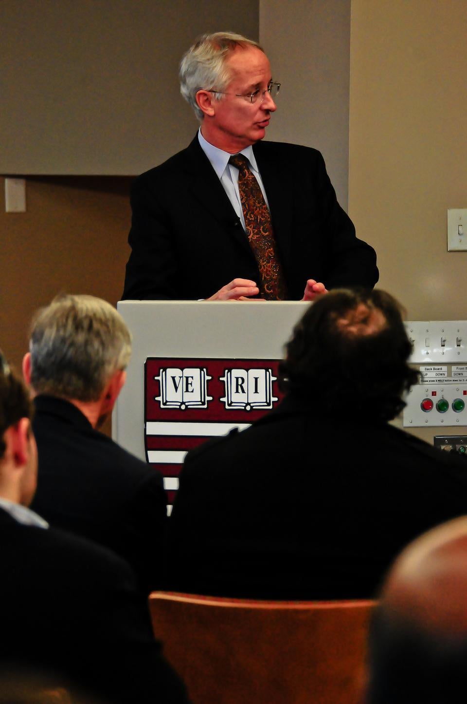 Cameron Munter, United States ambassador to Pakistan, gives a talk at the Harvard Kennedy School. He addressed issues ranging from economic issues to military relationships within Pakistan.