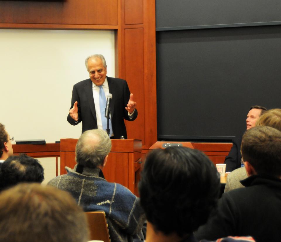 Zalmay Khalilzad, the former US Ambassador to the UN, speaks about Afghanistan at the Harvard Kennedy School of Government.