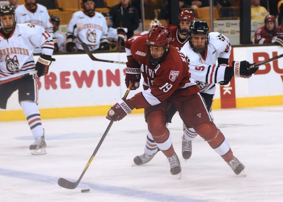 Senior forward Alex Killorn, shown here in an earlier contest, had a hand in all three goals for the Harvard men’s hockey team on Friday night against Brown, scoring two first-period goals and later tallying an assist. Harvard tied Brown, 3-3.