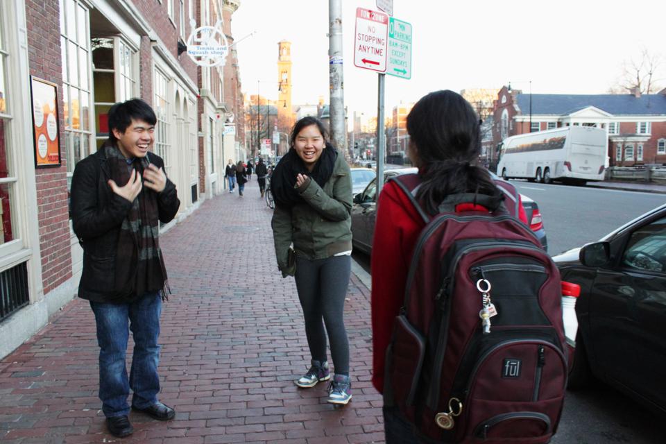 Kenneth Mai '15 and Diana Nguyen '15 take a moment out of their otherwise hectic President's Day to chat with a friend. Long weekends are never long enough for these busy college students. 