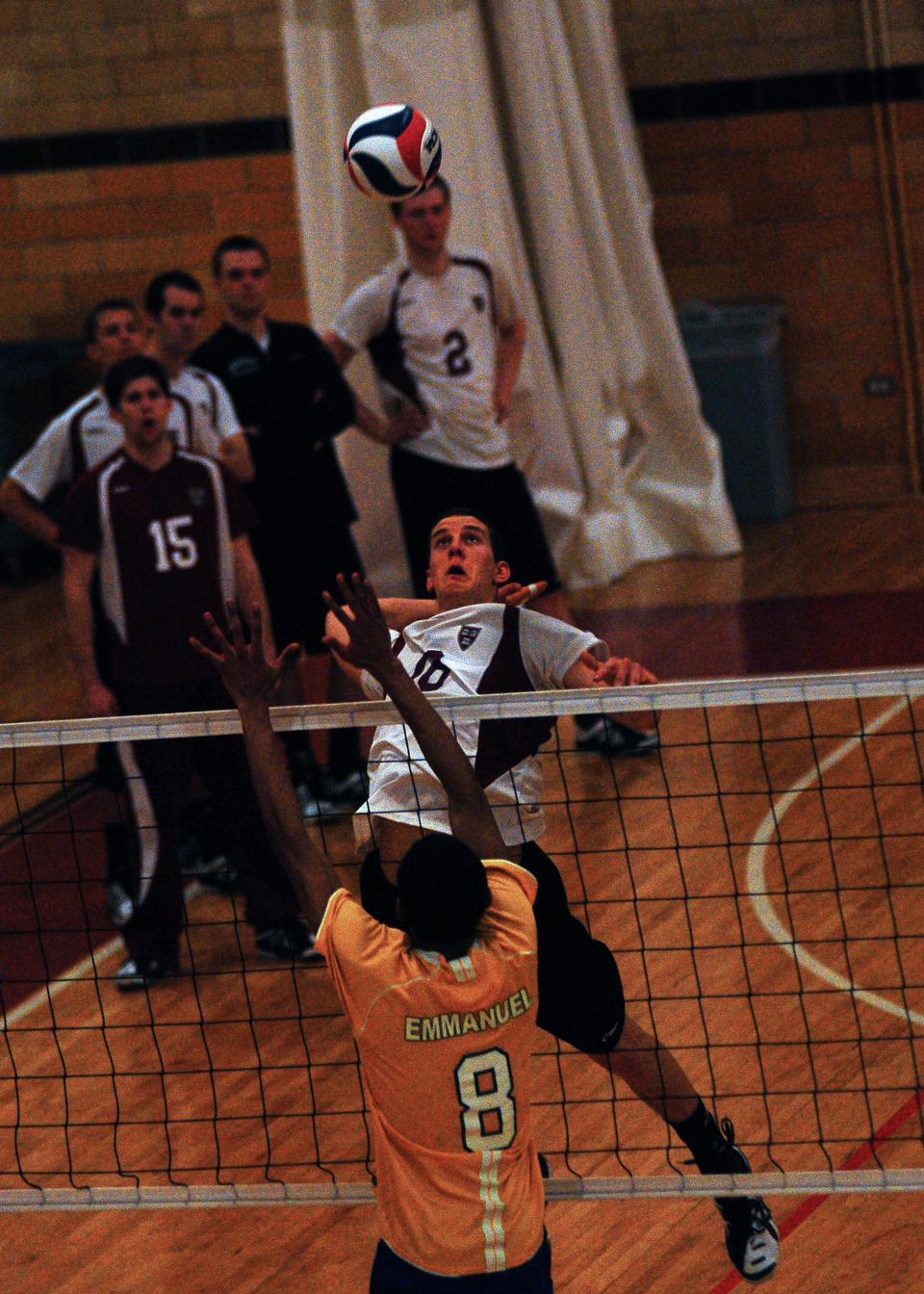 Sophomore Nick Madden gets a kill on the way to a straight-set victory over visitors Emmanuel.  
