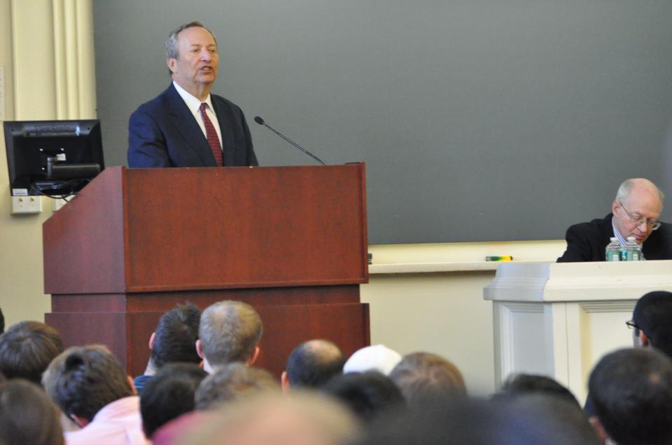 Former United States Secretary of the Treasury and former Director of the White House United States National Economic Council, Professor Larry Summers, speaks about the effectiveness of fiscal policy as a tool for economic stimulus in front of a packed auditorium as moderator Professor Marty Feldstein, former chairman of the Council of Economic Advisers and former chief economic adviser to President Ronald Reagan, in front of a packed auditorium in Emerson Hall on Tuesday, February 28. 