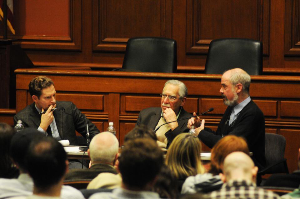 Professors Duncan Kennedy and Noah Feldman debate whether Israel can be both democratic and Jewish in the context of Israel's treatment of the Palestinean citizens of Israel on Thursday evening at the Law School.
