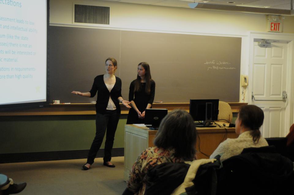Friday afternoon Anna Lee Hirschi, Smith College '15 (left), and Joan L. Brunetta, Williams College '15, discuss their experiences in the Cambridge Public School District at "The Five Paragraph Education."  The event was sponsored by the Graduate School of Education's Civic and Moral Engagement Intitiative.  