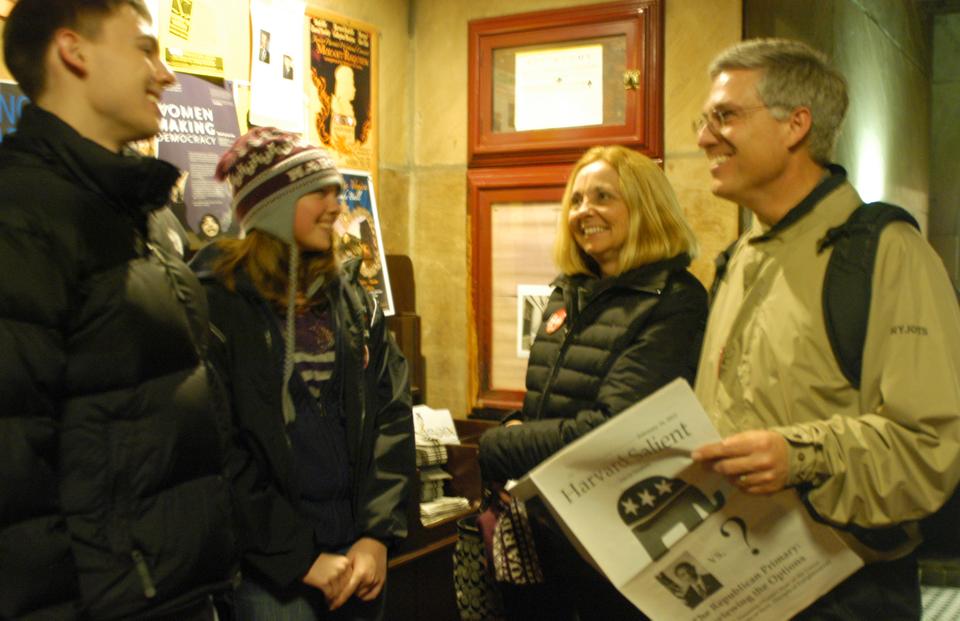 Chris Overstreet, a junior in Adams house, convenes with his family in the foyer of Adams before heading to the Square for dinner. The Overstreets made the trip from the San Francisco Bay Area for junior parents' weekend.