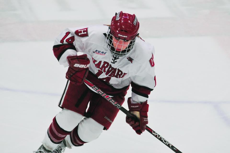 Junior forward Jillian Dempsey, shown above in an earlier contest, scored for the 27th time this season in the Harvard women’s hockey team’s season-ending 2-1 loss to St. Lawrence on Friday night in Ithaca, N.Y.