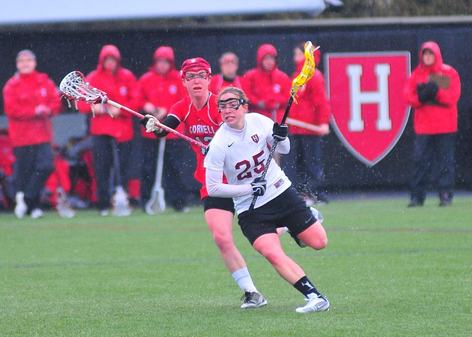 Junior midfielder Danielle Tetreault, shown here in earlier action, scored Harvard’s winning goal in sudden-death overtime against the Dukes Tuesday afternoon. The non-conference win was an important rebound for the Crimson, which lost to Ivy-rival Cornell last Saturday. 