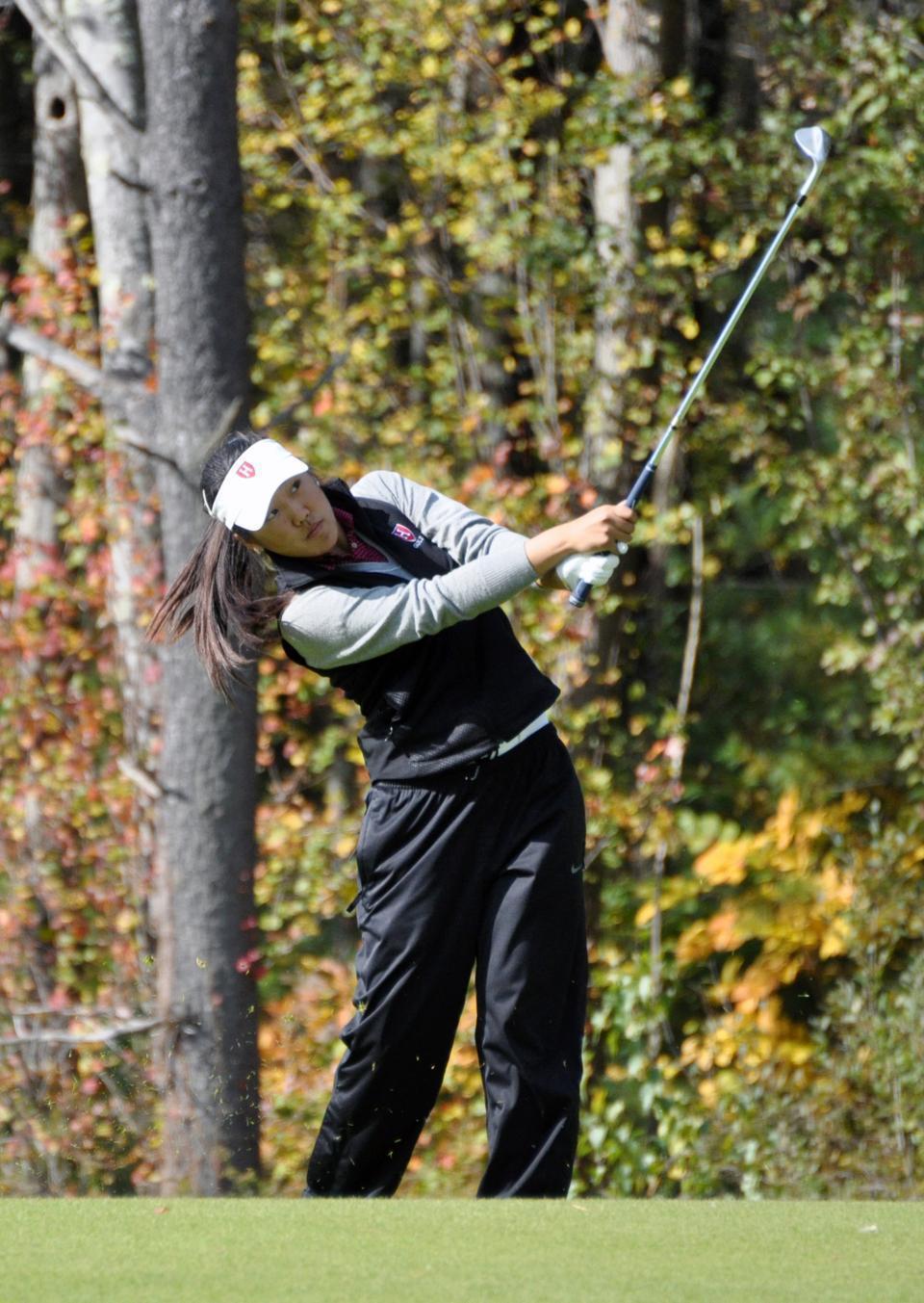 Shown here in earlier action, sophomore Bonnie Hu shot a 78 on Thursday to help the Harvard women's golf team top Nova Southeastern, 311-322.