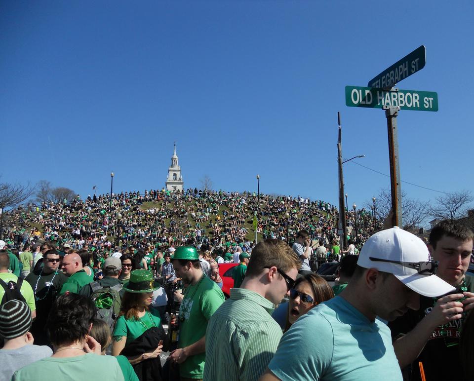 Bostonians with Irish pride pack the streets of South Boston as they wait for the St. Patrick’s Day Parade to begin on Sunday. People celebrate this holiday all weekend by wearing green and drinking beers.